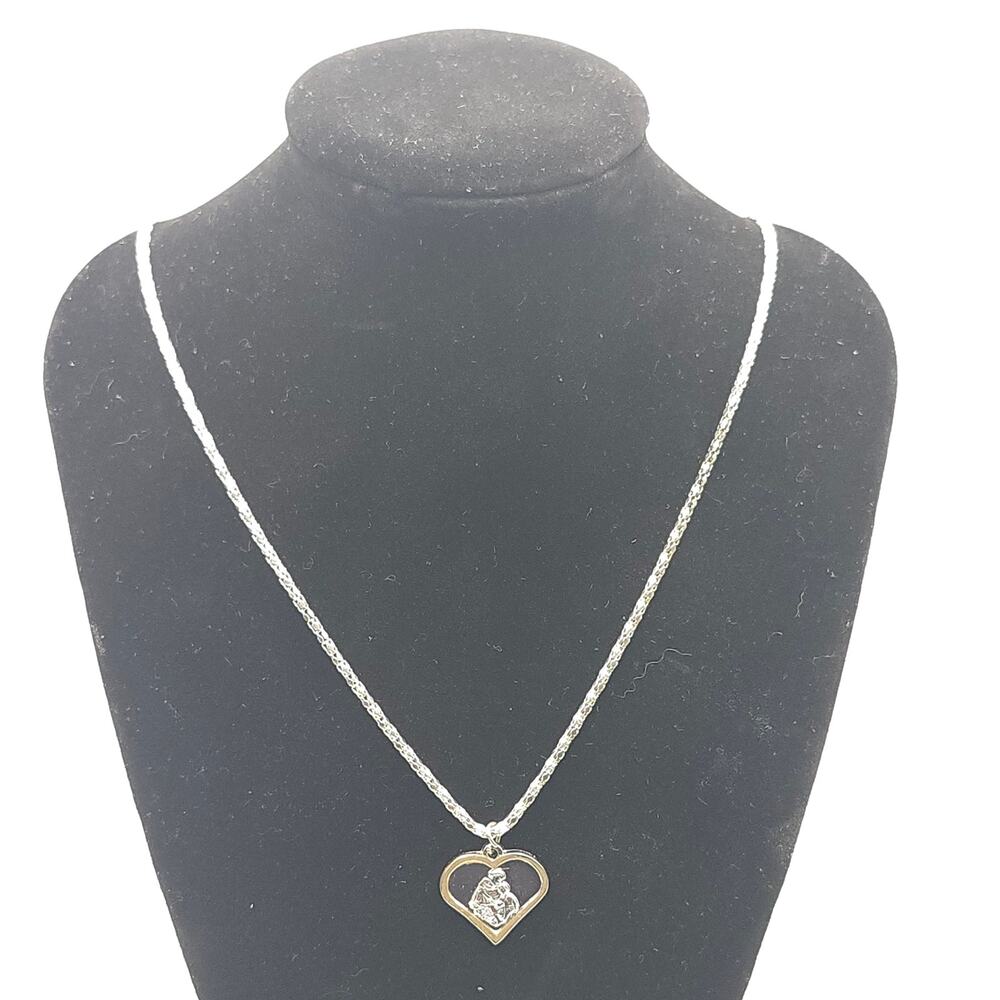18KGP‎ Madonna Child Heart Pendant Necklace Silver Tone Catholic Faith 22 In